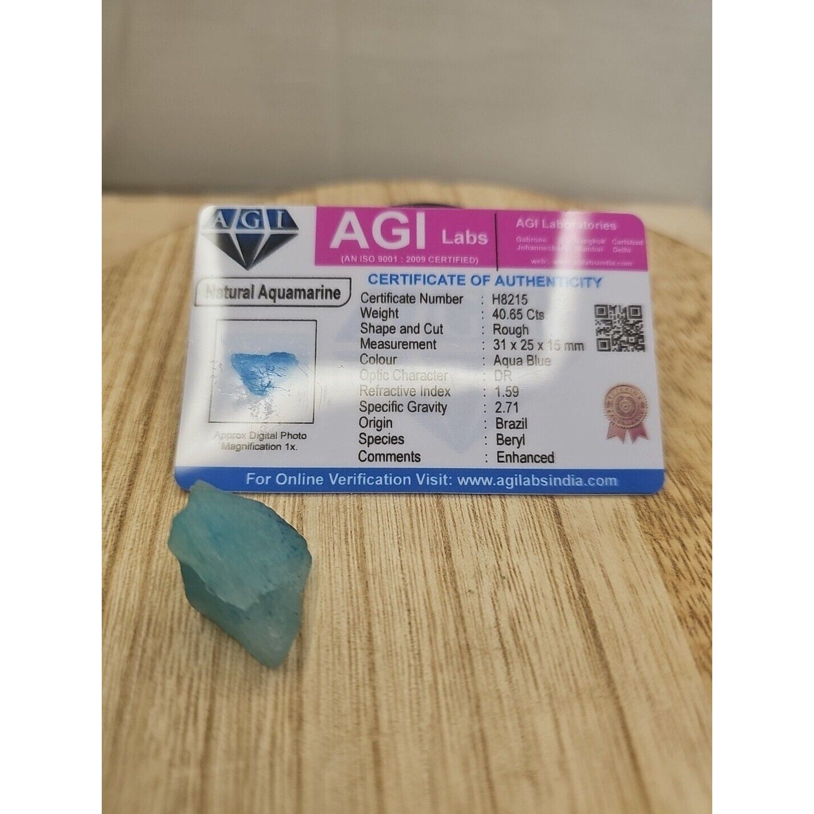 Stone, Natural AQUAMARINE w/ Card