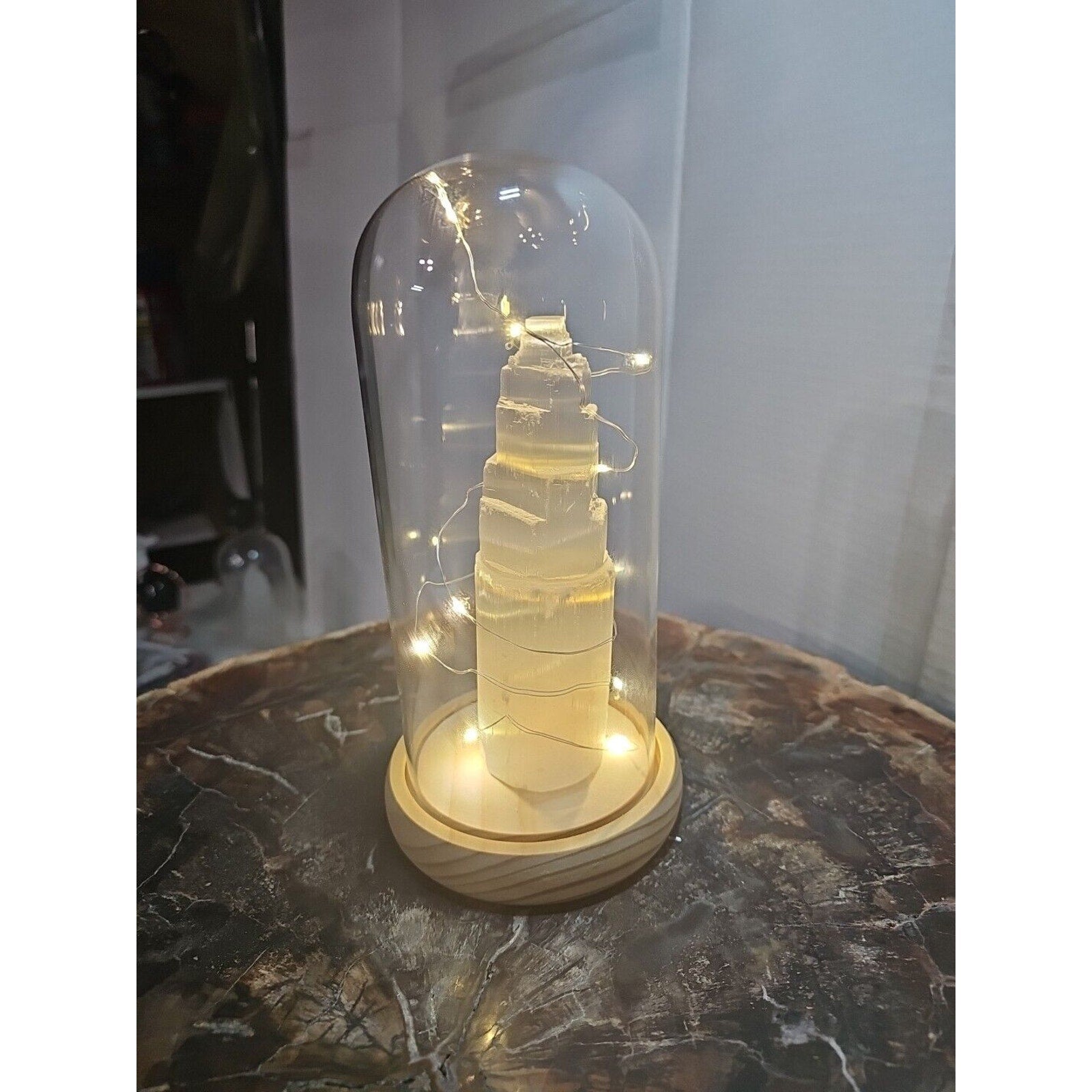 6in 429g Selenite Tower In Case W/led Lights