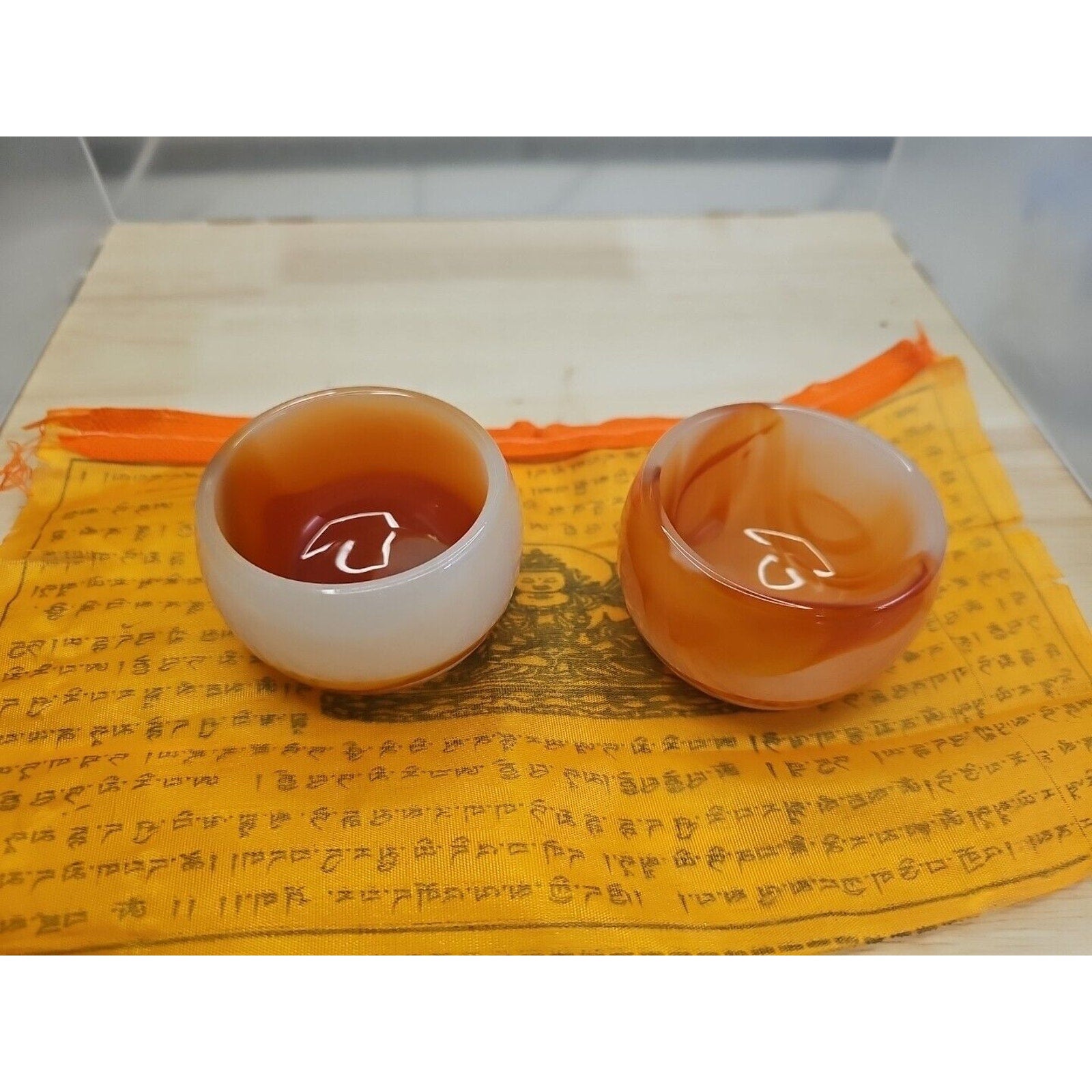 2Pcs Manmade Art Agate Carnelian Quartz Crystal Tea Cup Carving Healing