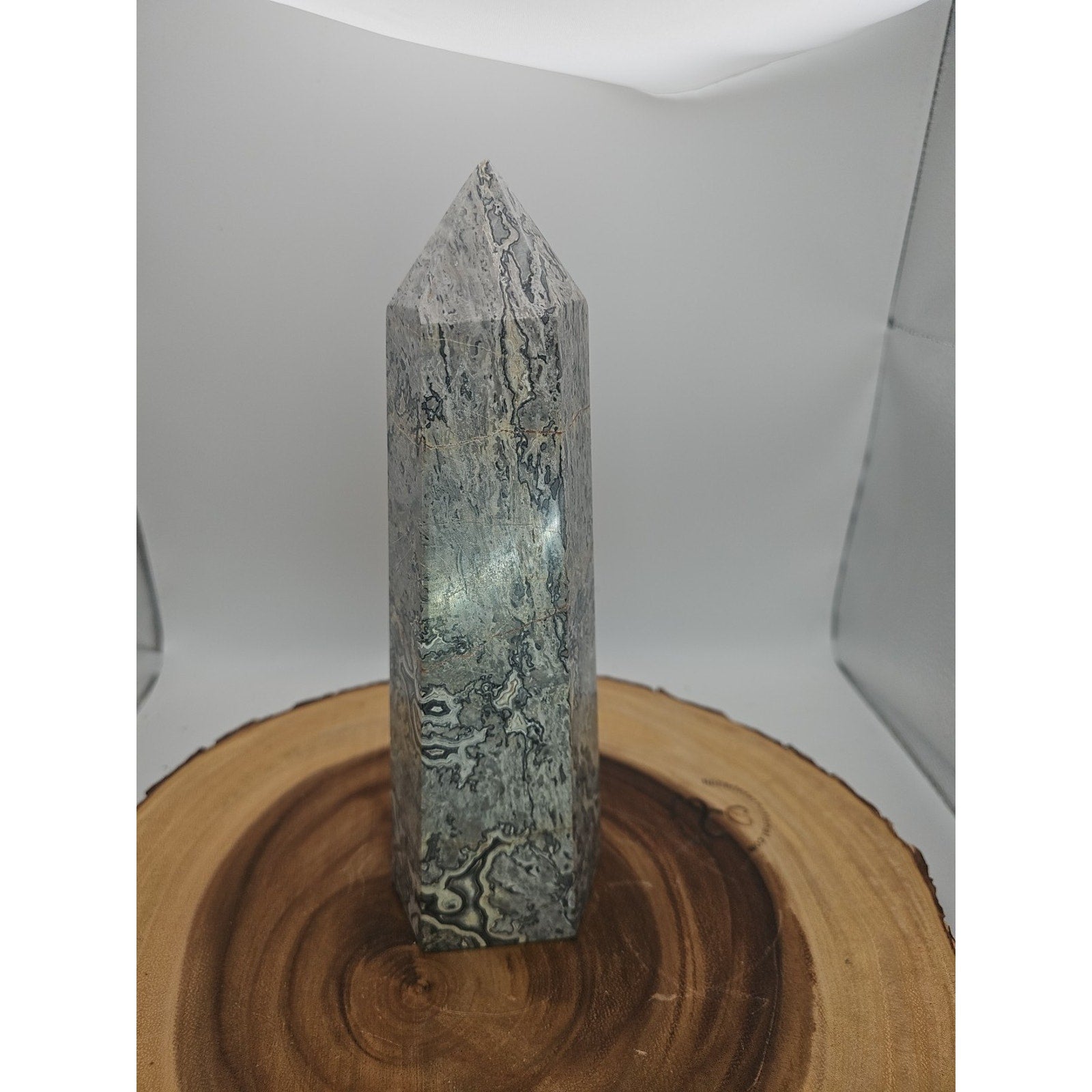 3.81LB 1Pcs Natural Gray Crazy Lace Jasper Crystal Point Tower Healing