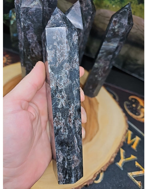 Load image into Gallery viewer, 1ea Arfvedsonite Garnet Blue Flashes Crystal Point Tower Polished 1.5- 1.90lbs
