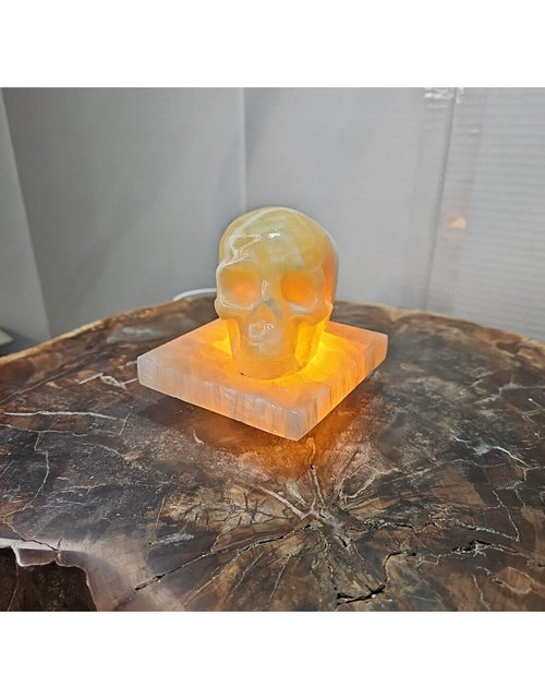 Load image into Gallery viewer, 2.17LB 2Pcs Natural Translucent Calcite Crystal Skull W/satin Spar Base &amp; Led
