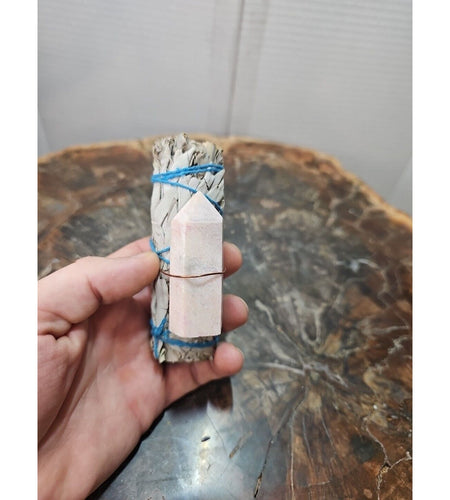 Sage wrapped crystal W/ Pink Opal Quartz Healing Tower