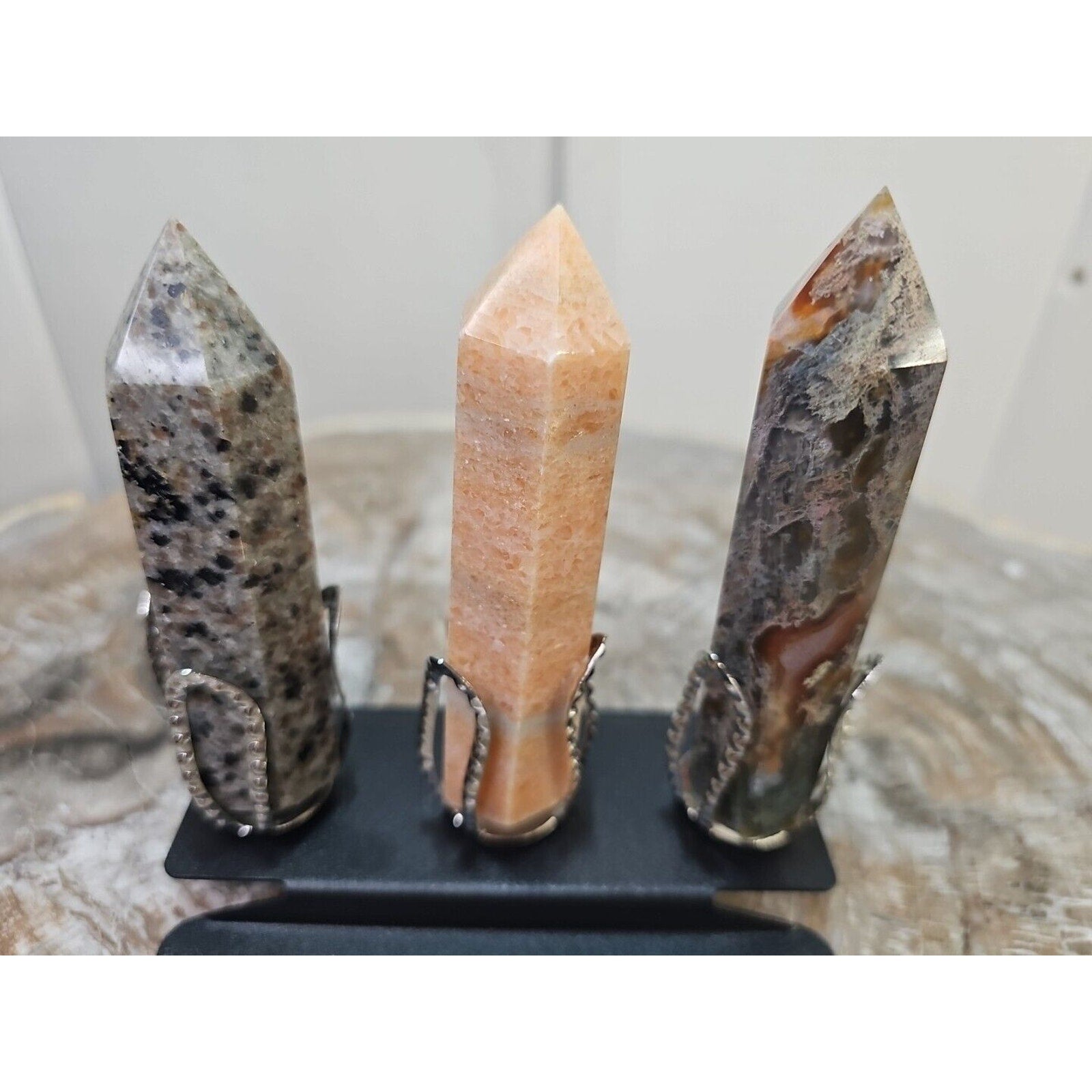 313g 3Pcs A Set Of Natural Quartz Crystal Jasper Point Tower Polished W/STAND