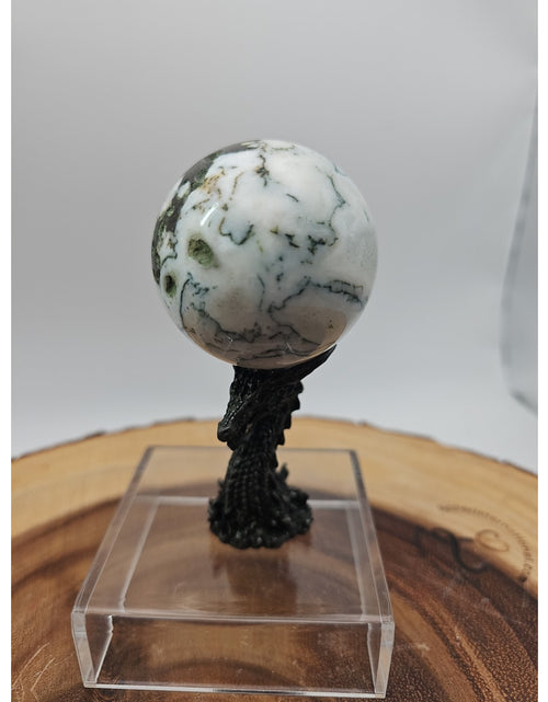 Load image into Gallery viewer, Tree Agate Sphere .45lb 53mm W/Dragon Stand
