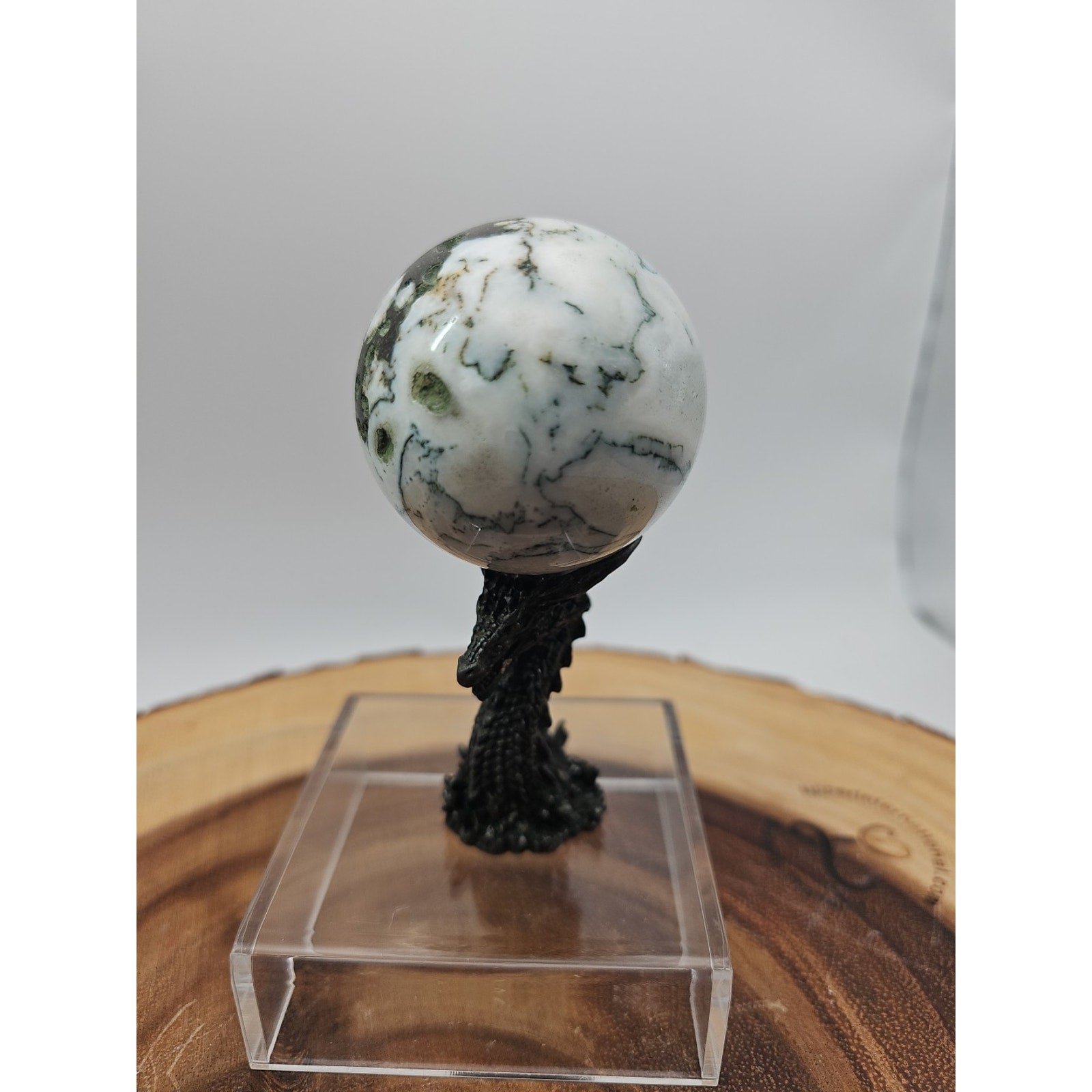 Tree Agate Sphere .45lb 53mm W/Dragon Stand