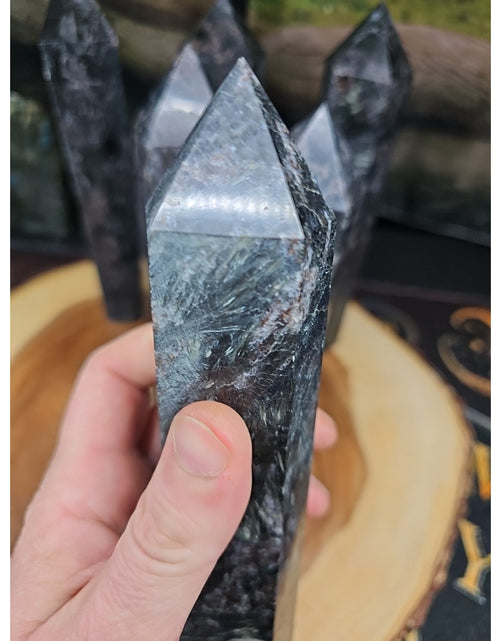 Load image into Gallery viewer, 1ea Arfvedsonite Garnet Blue Flashes Crystal Point Tower Polished 1.5- 1.90lbs
