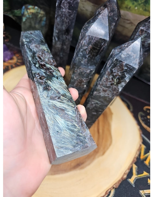 Load image into Gallery viewer, 1ea Arfvedsonite Garnet Blue Flashes Crystal Point Tower Polished 1.5- 1.90lbs
