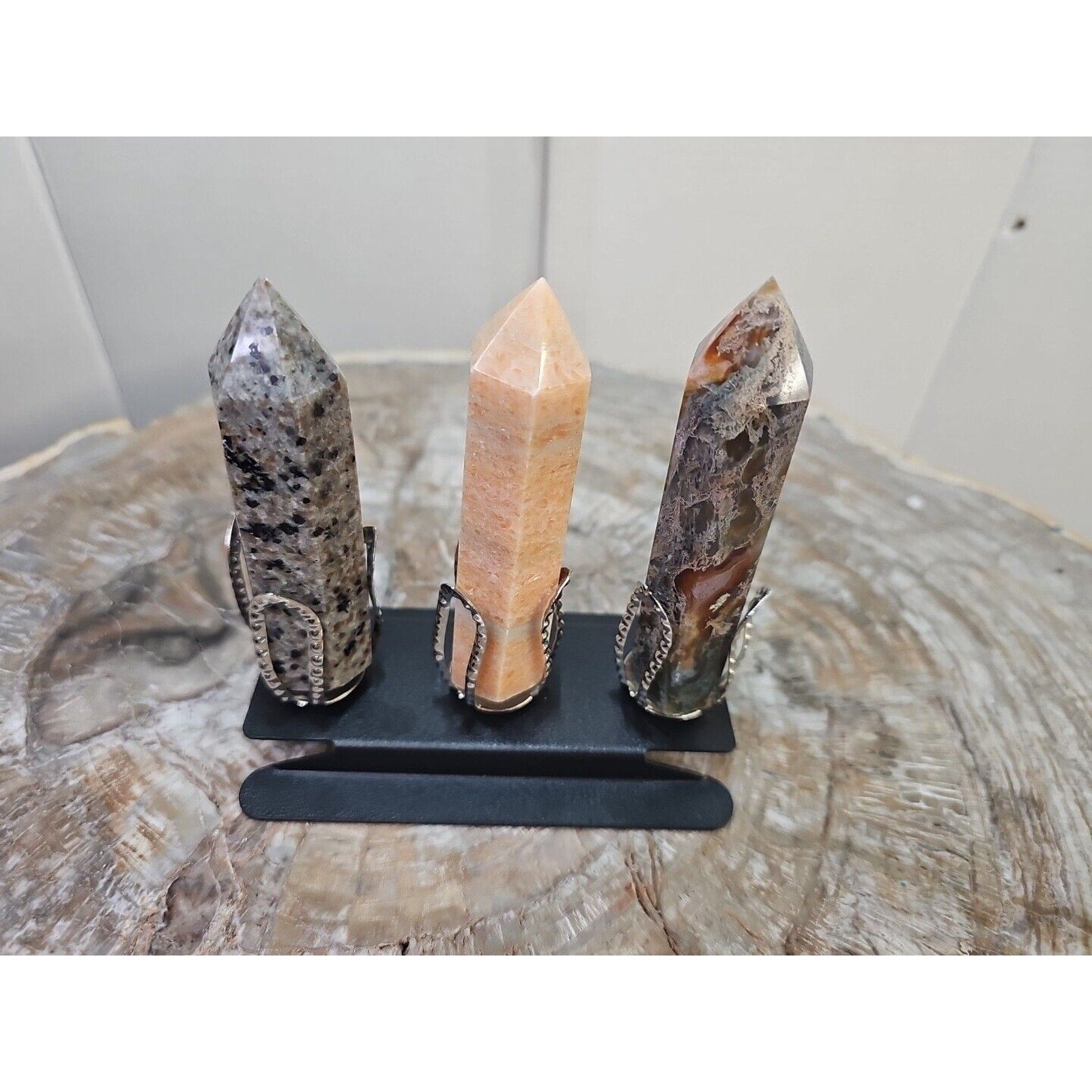 313g 3Pcs A Set Of Natural Quartz Crystal Jasper Point Tower Polished W/STAND