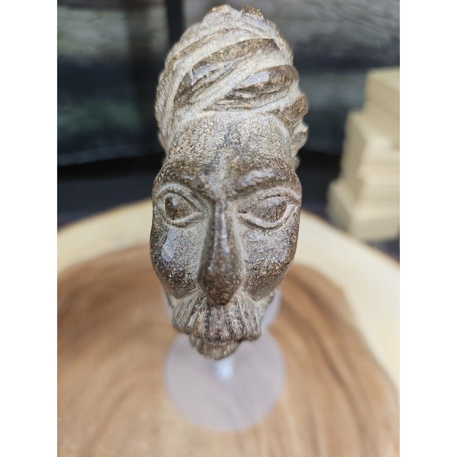 Vintage ABSTRACT STONE HEAD Sculpture Stone 1 lb W/Stand