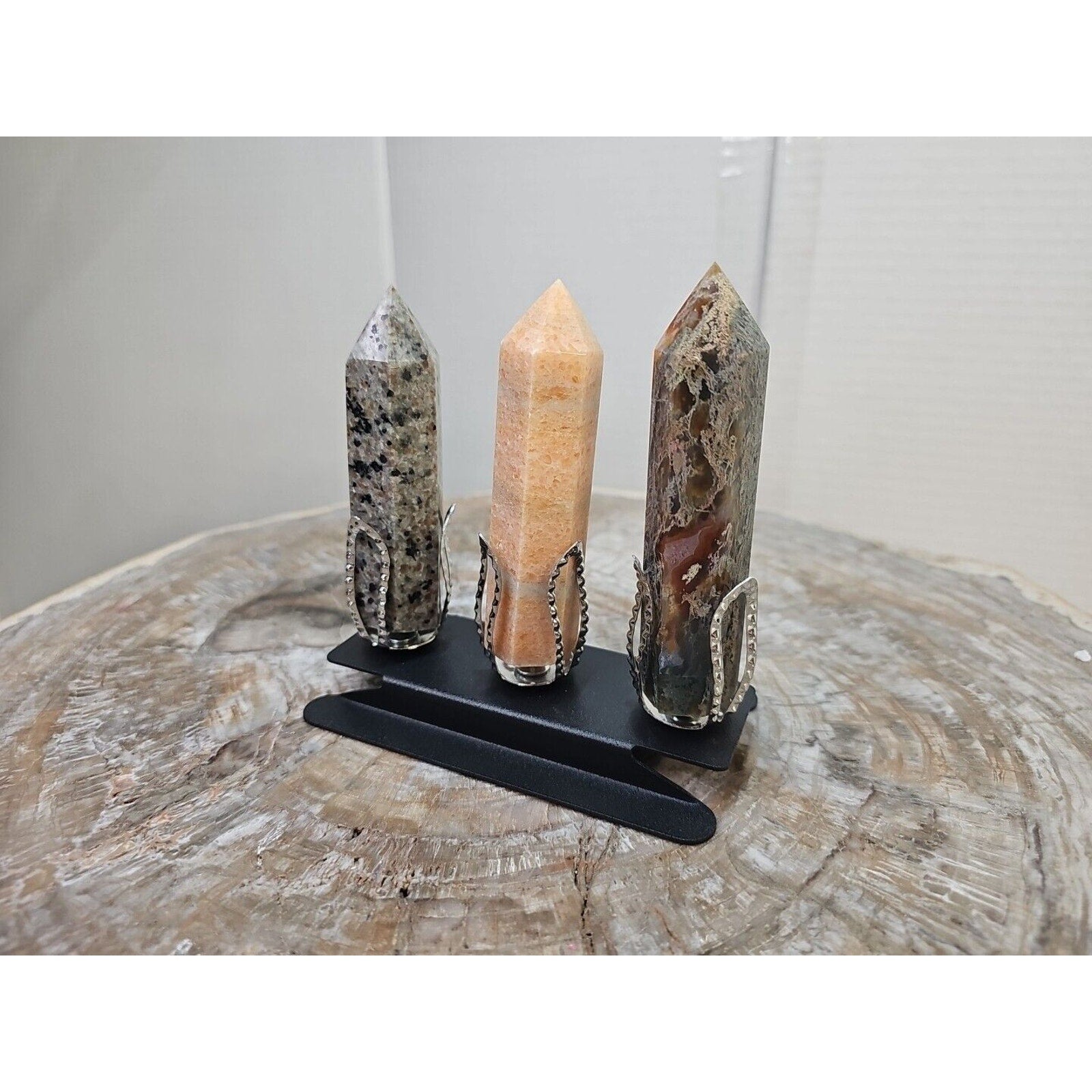 313g 3Pcs A Set Of Natural Quartz Crystal Jasper Point Tower Polished W/STAND