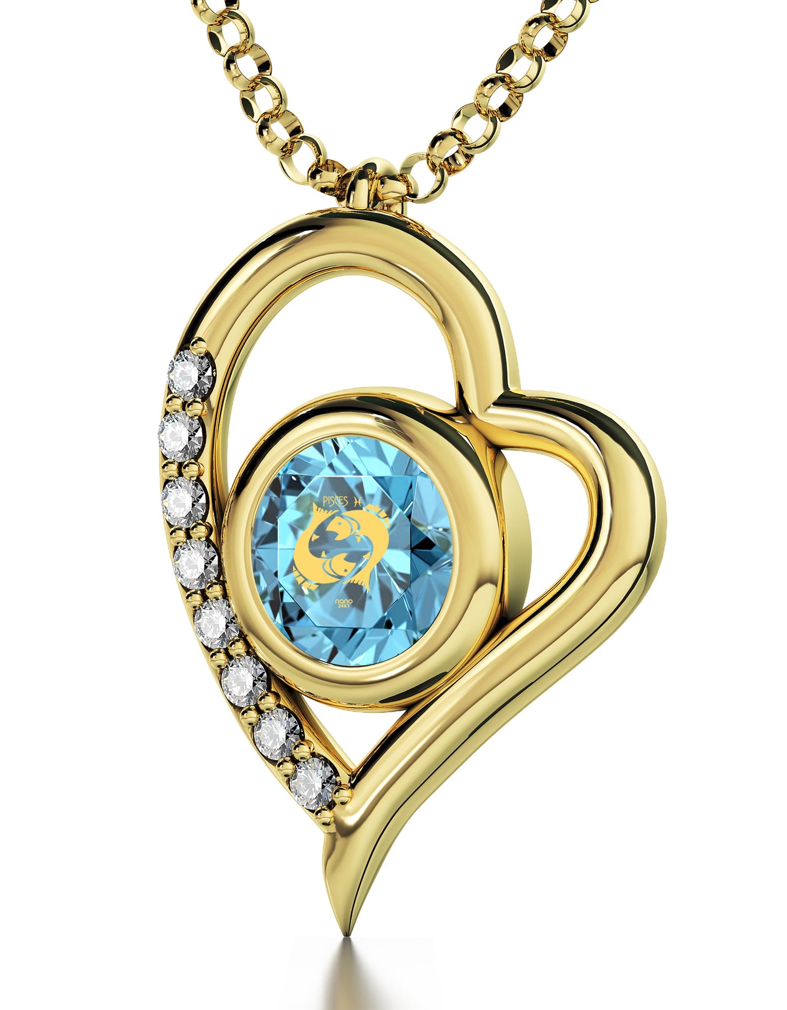 Gold Plated Silver Pisces Necklace Zodiac Heart Pendant 24k Gold Inscribed on Crystal