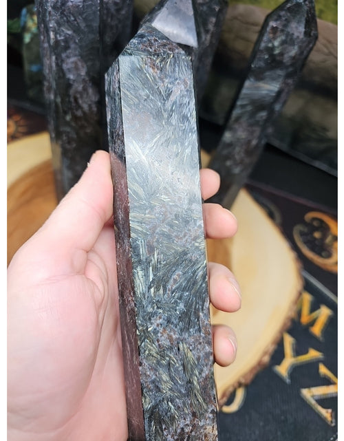 Load image into Gallery viewer, 1ea Arfvedsonite Garnet Blue Flashes Crystal Point Tower Polished 1.5- 1.90lbs

