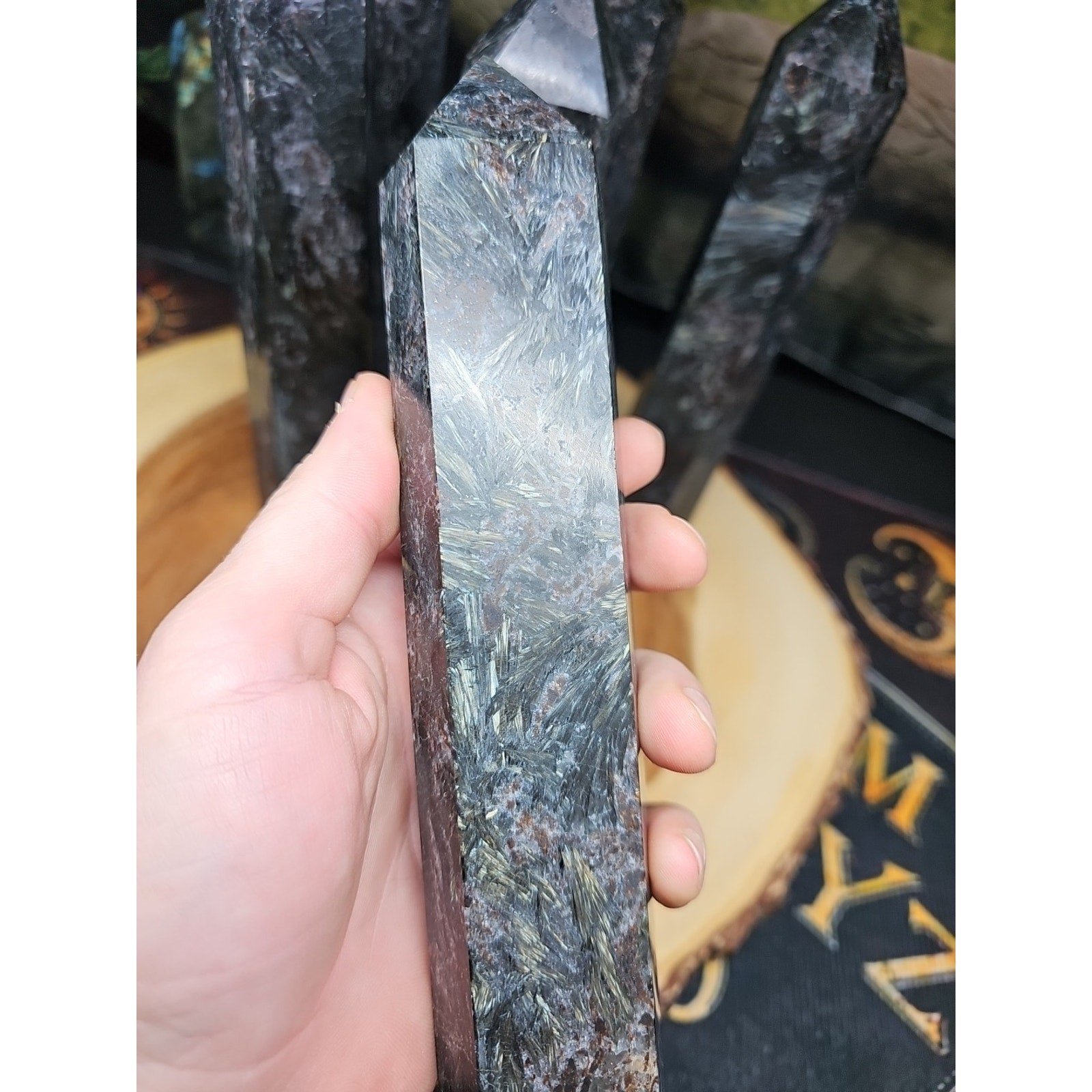 1ea Arfvedsonite Garnet Blue Flashes Crystal Point Tower Polished 1.5- 1.90lbs