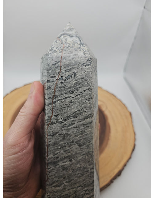 Load image into Gallery viewer, 3.69LB 1Pcs Natural Gray Crazy Lace Jasper Crystal Point Tower Healing
