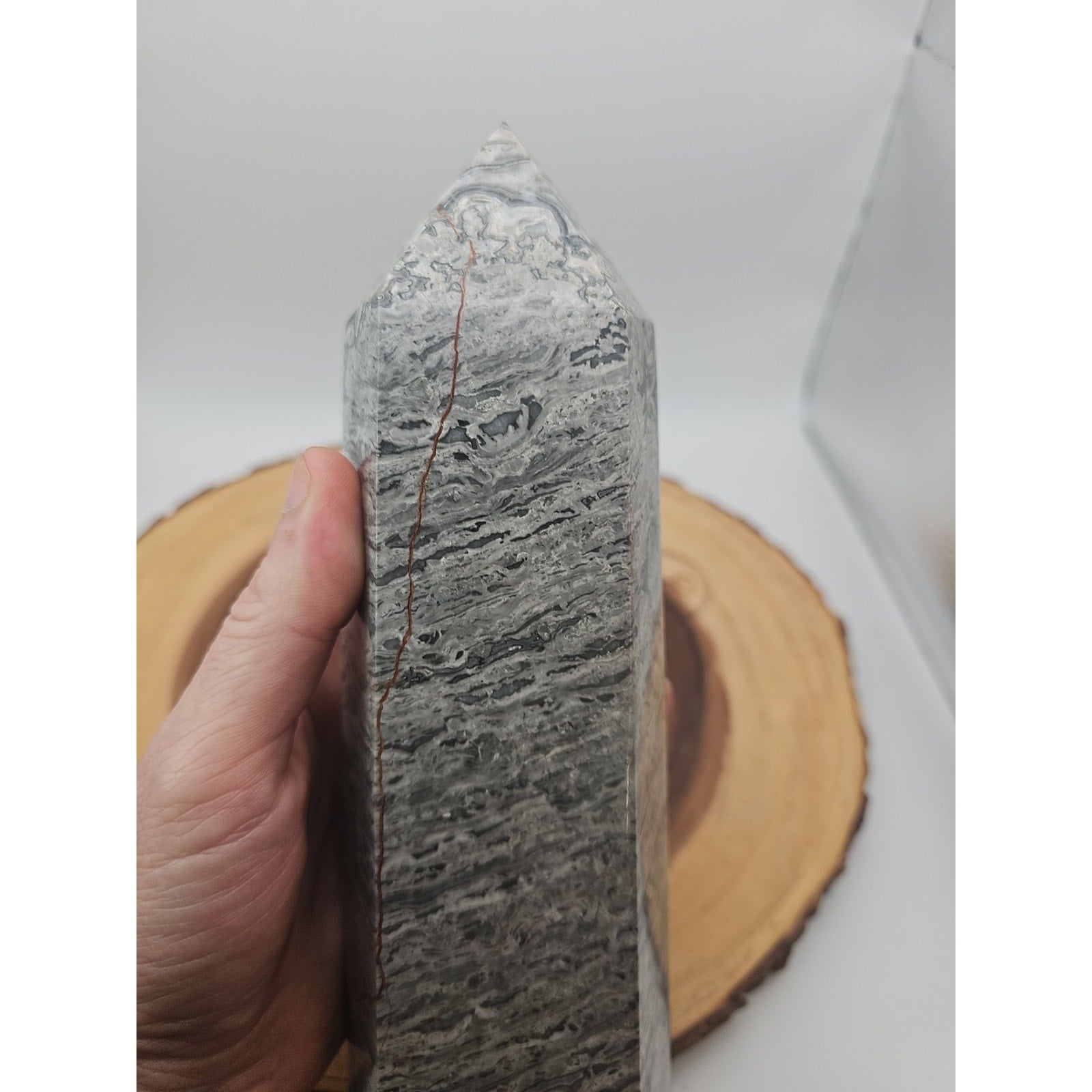 3.69LB 1Pcs Natural Gray Crazy Lace Jasper Crystal Point Tower Healing