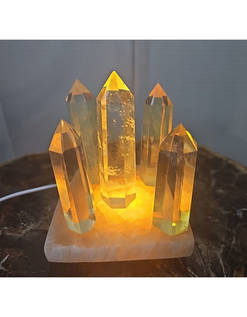 Load image into Gallery viewer, 1.34LB 5Pcs Yellow Smelt Quartz Crystal Point W/Selenite Charging Base &amp; Led
