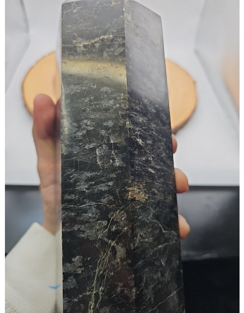 Load image into Gallery viewer, 8.23lb Arfvedsonite Garnet Blue Flashes Crystal Point Tower Polished
