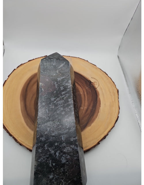 Load image into Gallery viewer, 8.23lb Arfvedsonite Garnet Blue Flashes Crystal Point Tower Polished
