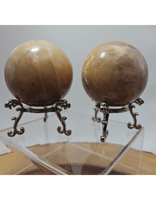Load image into Gallery viewer, Peach Moonstone Spheres 1 Pair 55mm Each W/Stands

