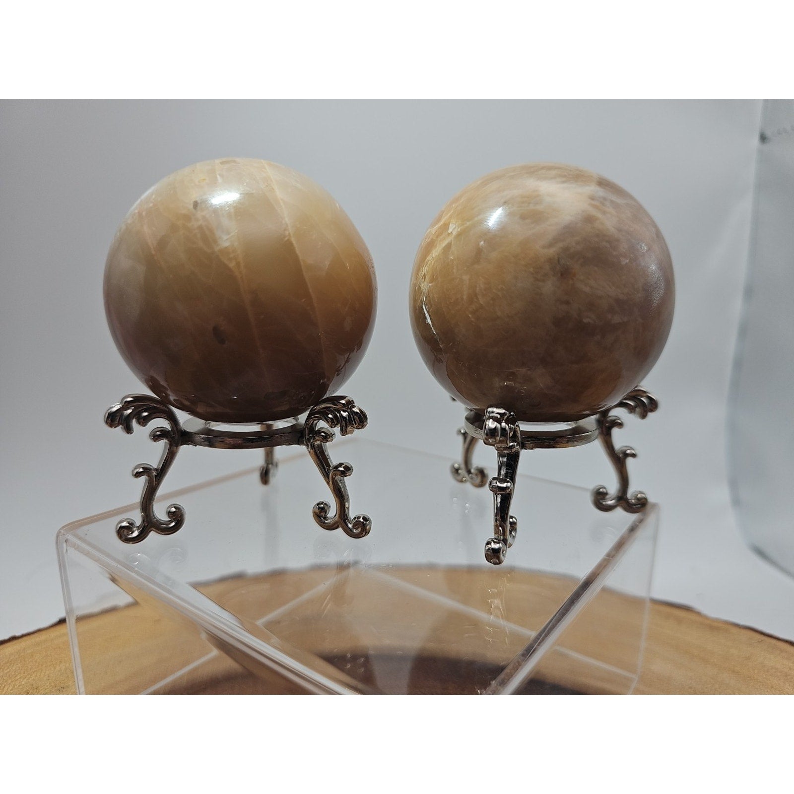 Peach Moonstone Spheres 1 Pair 55mm Each W/Stands