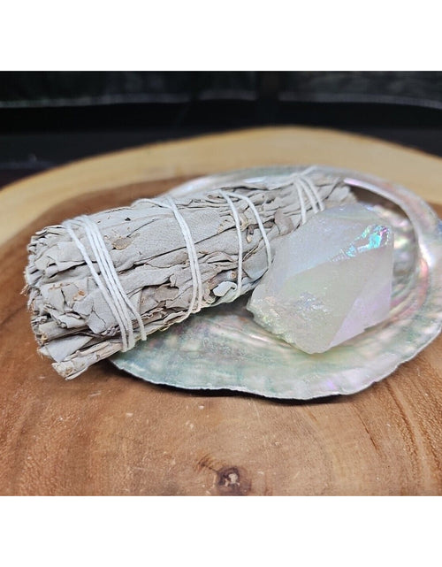 Load image into Gallery viewer, Large Abalone Shell 5-6&quot;: Smudging Sage Sticks Display Sea Shell W/Quartz Point
