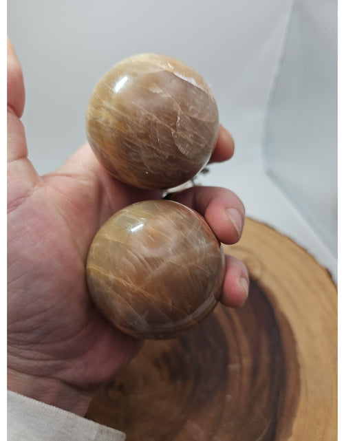 Load image into Gallery viewer, Peach Moonstone Spheres 1 Pair 55mm Each W/Stands
