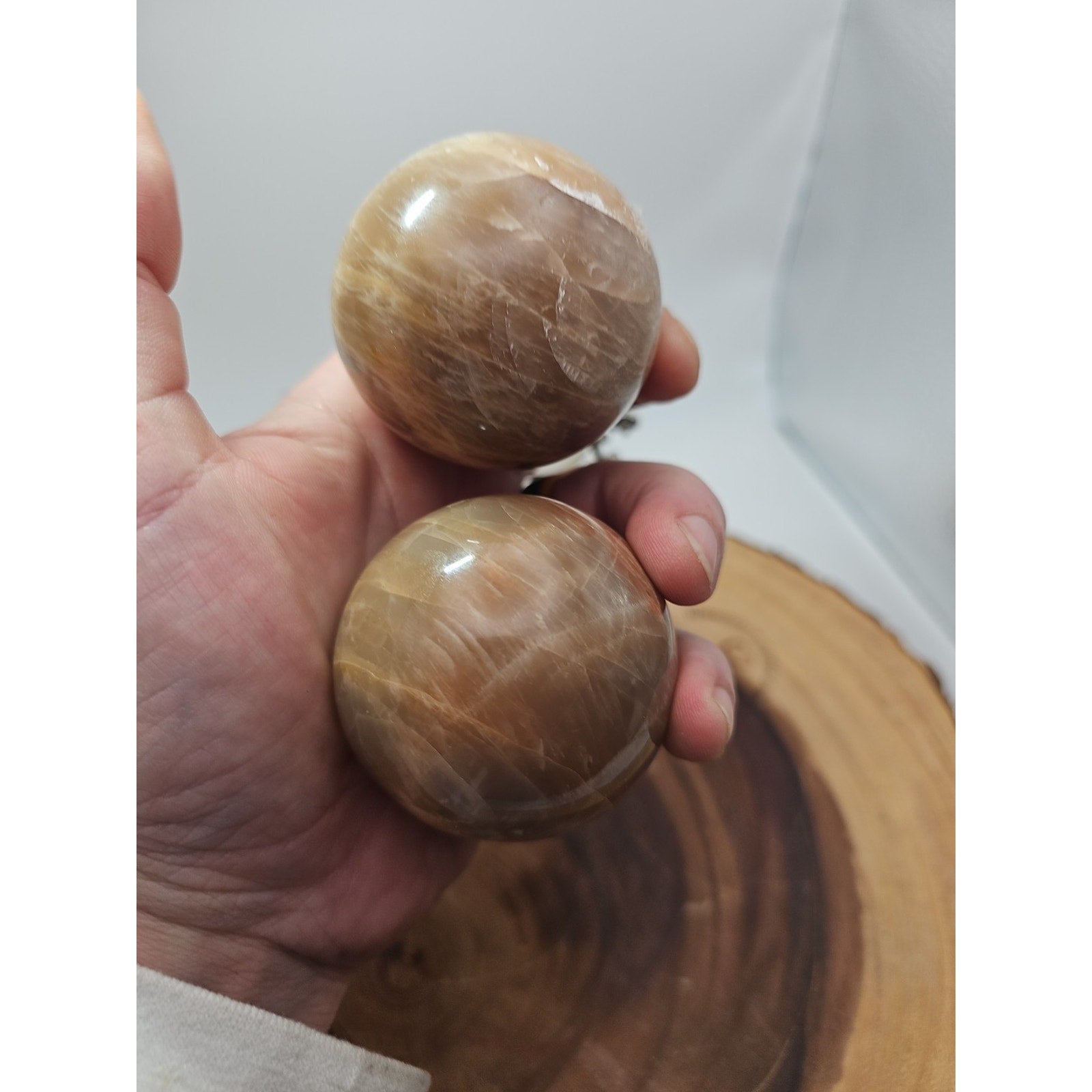 Peach Moonstone Spheres 1 Pair 55mm Each W/Stands