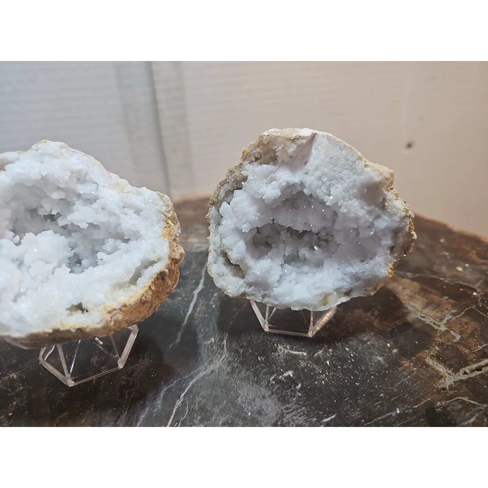 1.18lbs Pair Geode Crystal Moroccan Quartz W /Stands