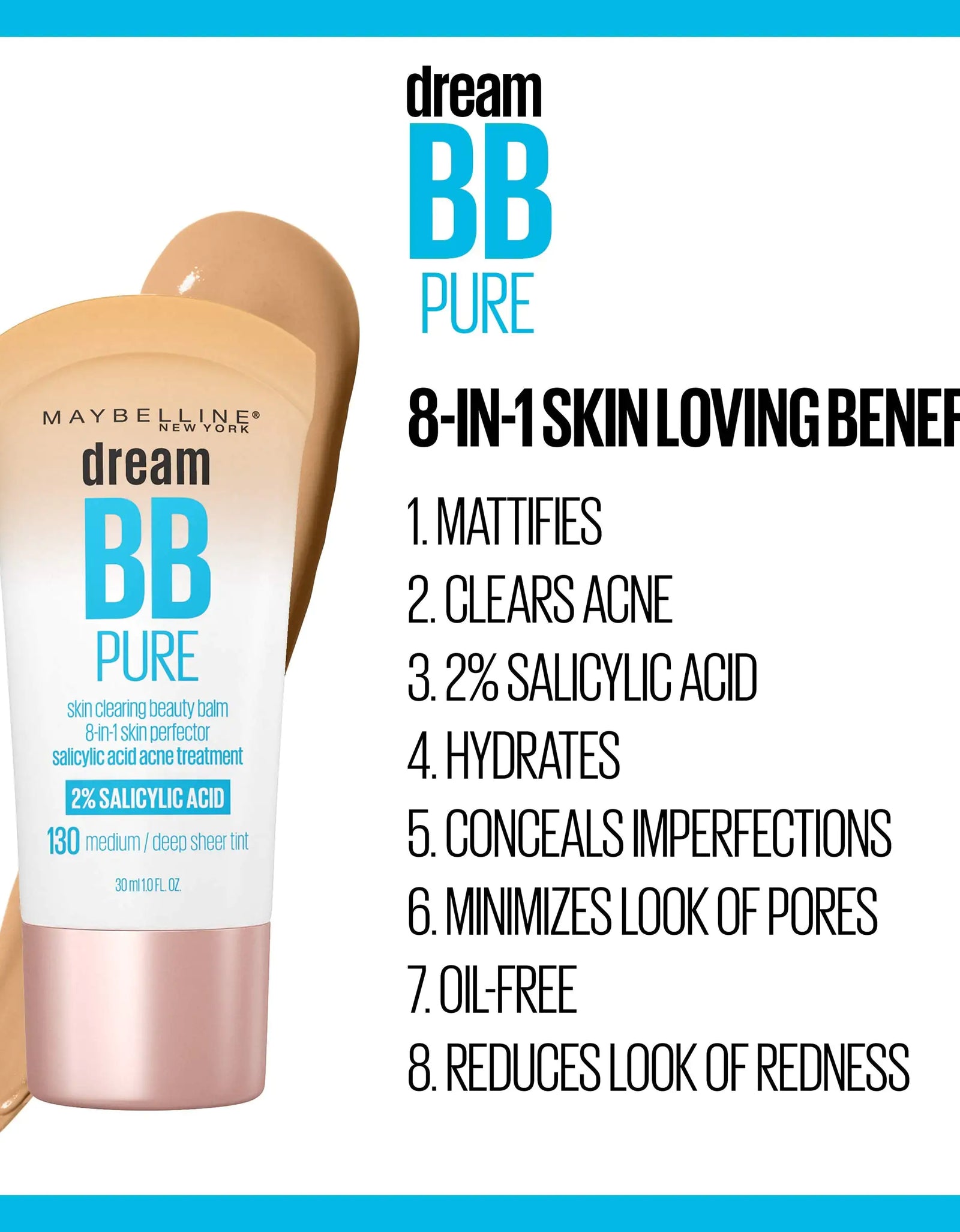 Maybelline Dream Pure Skin Clearing BB Cream, 8-in-1 Skin Perfecting Beauty Balm With 2% Salicylic Acid, Sheer Tint Coverage, Oil-Free, Light, 1 Count 1 Fl Oz (Pack of 1) 100 LIGHT