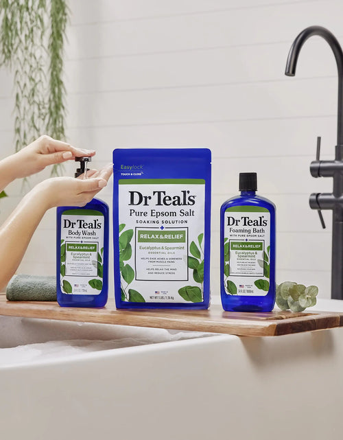 Load image into Gallery viewer, Dr Teal&#39;s Foaming Bath with Pure Epsom Salt, Relax &amp; Relief with Eucalyptus &amp; Spearmint, 34 fl oz (Pack of 4) (Packaging May Vary)
