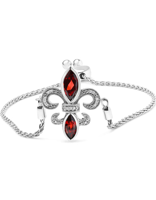 Load image into Gallery viewer, .925 Sterling Silver Marquise Garnet  and Diamond Accent Lariat 4”-10” Fleur De Lis Adjustable Bolo Bracelet (H-I Color, SI1-SI2 Clarity)
