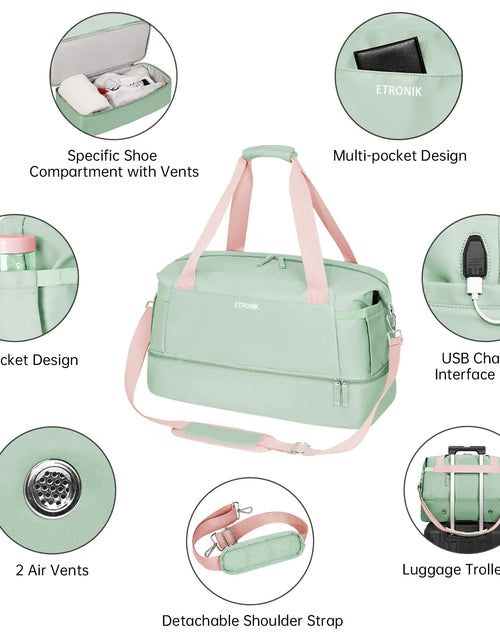 Load image into Gallery viewer, ETRONIK Gym Bag for Women, Travel Duffel Bag with USB Charging Port, Weekender Overnight Bag with Wet Pocket &amp; Shoes Compartment for Women, Travel, Gym, Yoga (Green Pink) Medium Pink Green
