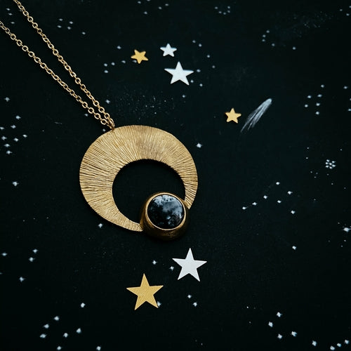 Load image into Gallery viewer, Crescent Moon Pendant with Dendritic Agate
