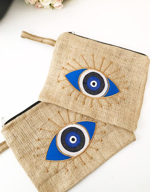 Load image into Gallery viewer, Evil eye bag, jute bag, evil eye clutch bag,
