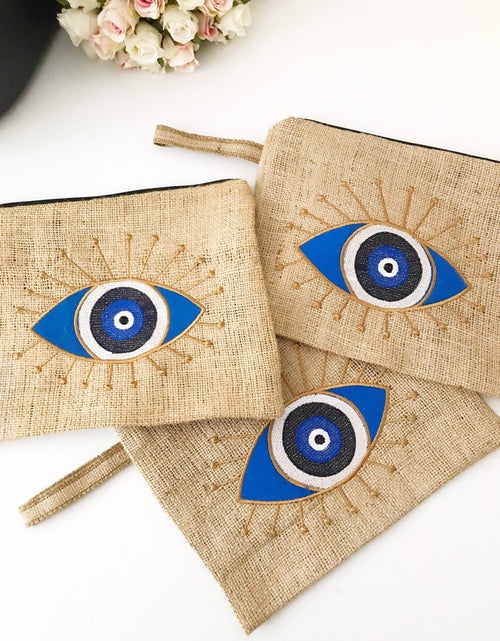 Load image into Gallery viewer, Evil eye bag, jute bag, evil eye clutch bag,
