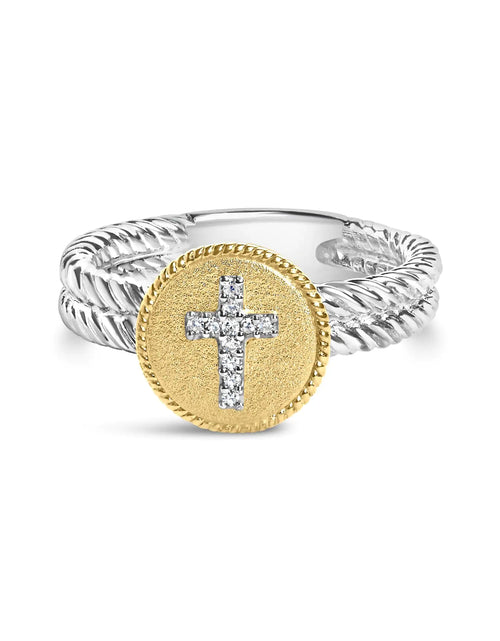 Load image into Gallery viewer, 18K Yellow Gold Plated .925 Sterling Silver Diamond Cross Ring with Satin Finish (I-J Color, SI1-SI2 Clarity)
