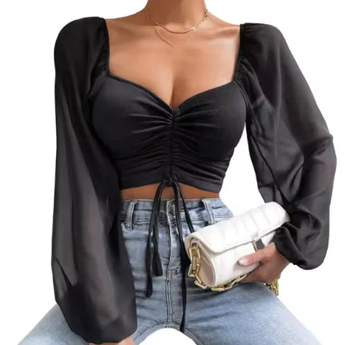 Load image into Gallery viewer, V-Neck Drawstring Crop Top with Balloon Sleeves – Stylish Streetwear
