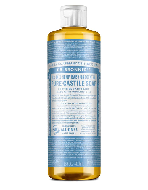 Load image into Gallery viewer, Dr. Bronner’s - Pure-Castile Liquid Soap (Baby Unscented, 16 Ounce) - Made with Organic Oils, 18-in-1 Uses: Face, Hair, Laundry &amp; Dishes For Sensitive Skin &amp; Babies, No Added Fragrance, Vegan, Non-GMO 16 Fl Oz (Pack of 1)
