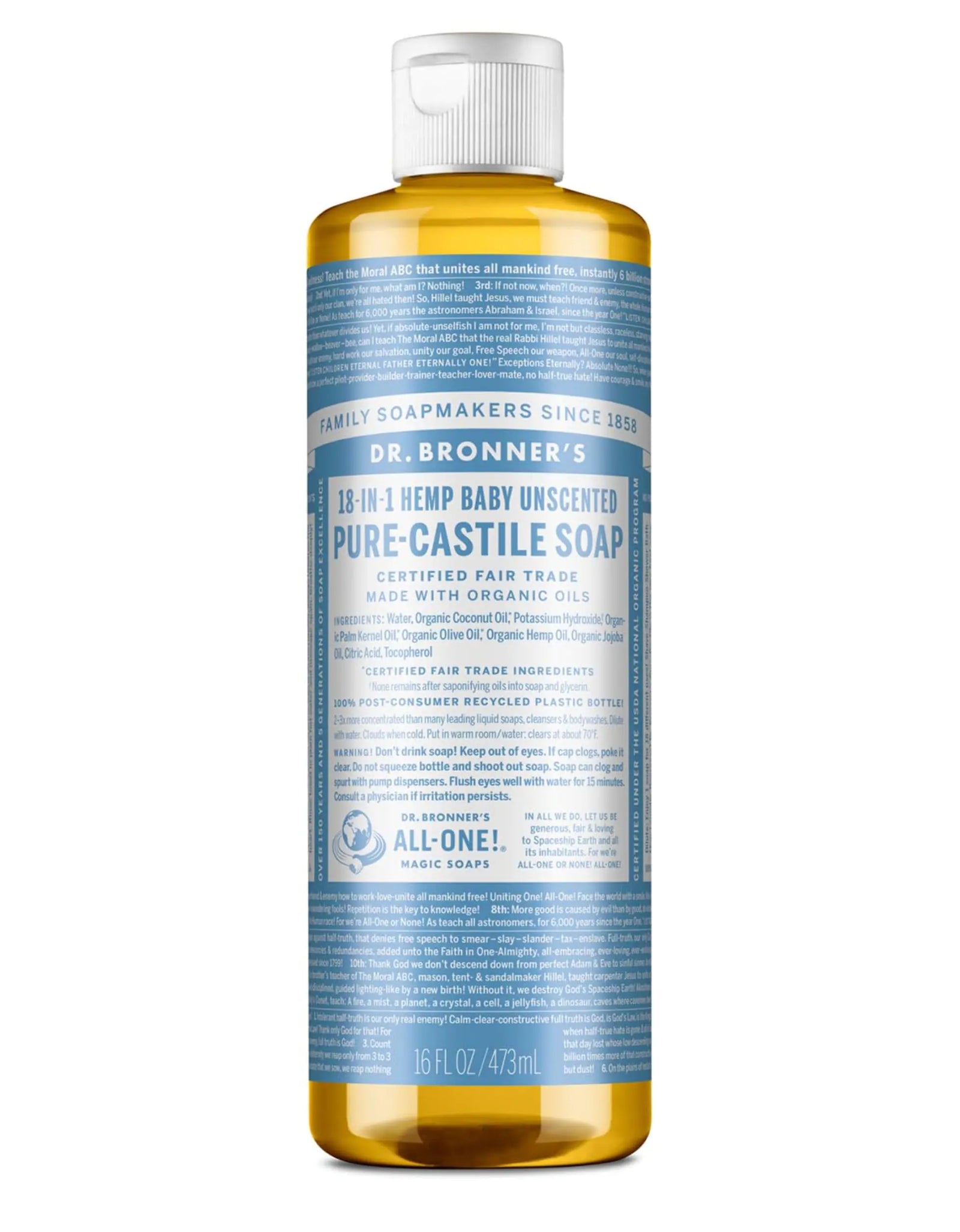 Dr. Bronner’s - Pure-Castile Liquid Soap (Baby Unscented, 16 Ounce) - Made with Organic Oils, 18-in-1 Uses: Face, Hair, Laundry & Dishes For Sensitive Skin & Babies, No Added Fragrance, Vegan, Non-GMO 16 Fl Oz (Pack of 1)