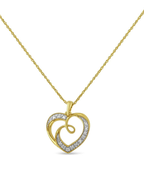 Load image into Gallery viewer, 14K Yellow Gold Plated .925 Sterling Silver Diamond Accent Ribbon &amp; Heart 18&quot; Pendant Necklace (H-I Color, I2-I3 Clarity)
