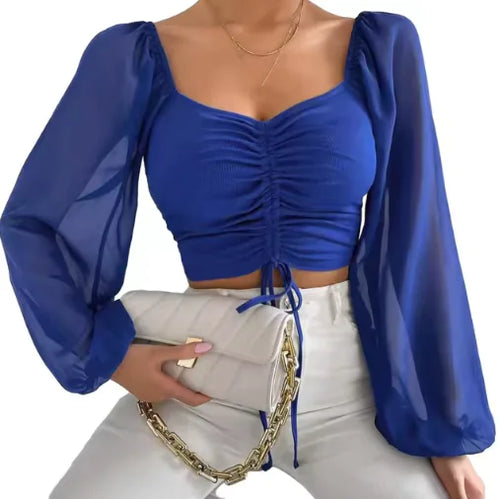 Load image into Gallery viewer, V-Neck Drawstring Crop Top with Balloon Sleeves – Stylish Streetwear
