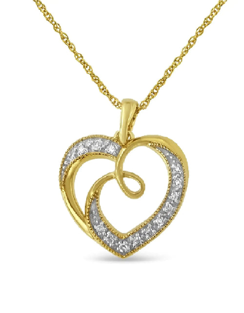 Load image into Gallery viewer, 14K Yellow Gold Plated .925 Sterling Silver Diamond Accent Ribbon &amp; Heart 18&quot; Pendant Necklace (H-I Color, I2-I3 Clarity)
