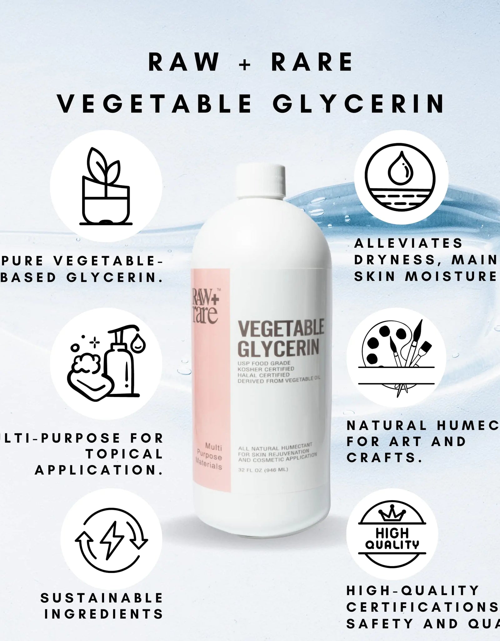 Vegetable Glycerin/Glycerine Quart (32 fl. oz.), Natural Pure USP Food Grade/Cosmetic Grade, For Skin, Hair, Crafts, Soap Base Oil - Kosher, Halal and Pharmaceutical 32 Fl Oz (Pack of 1)