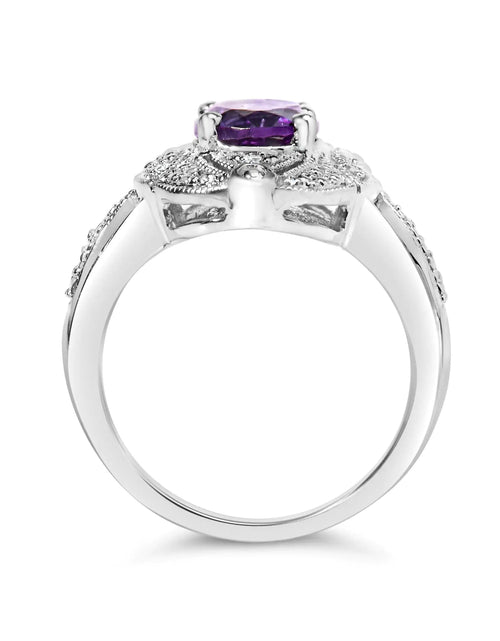 Load image into Gallery viewer, .925 Sterling Silver 9x7mm Oval Purple Amethyst and Round Diamond Accent Fashion Cocktail Ring (I-J Color, I1-I2 Clarity)
