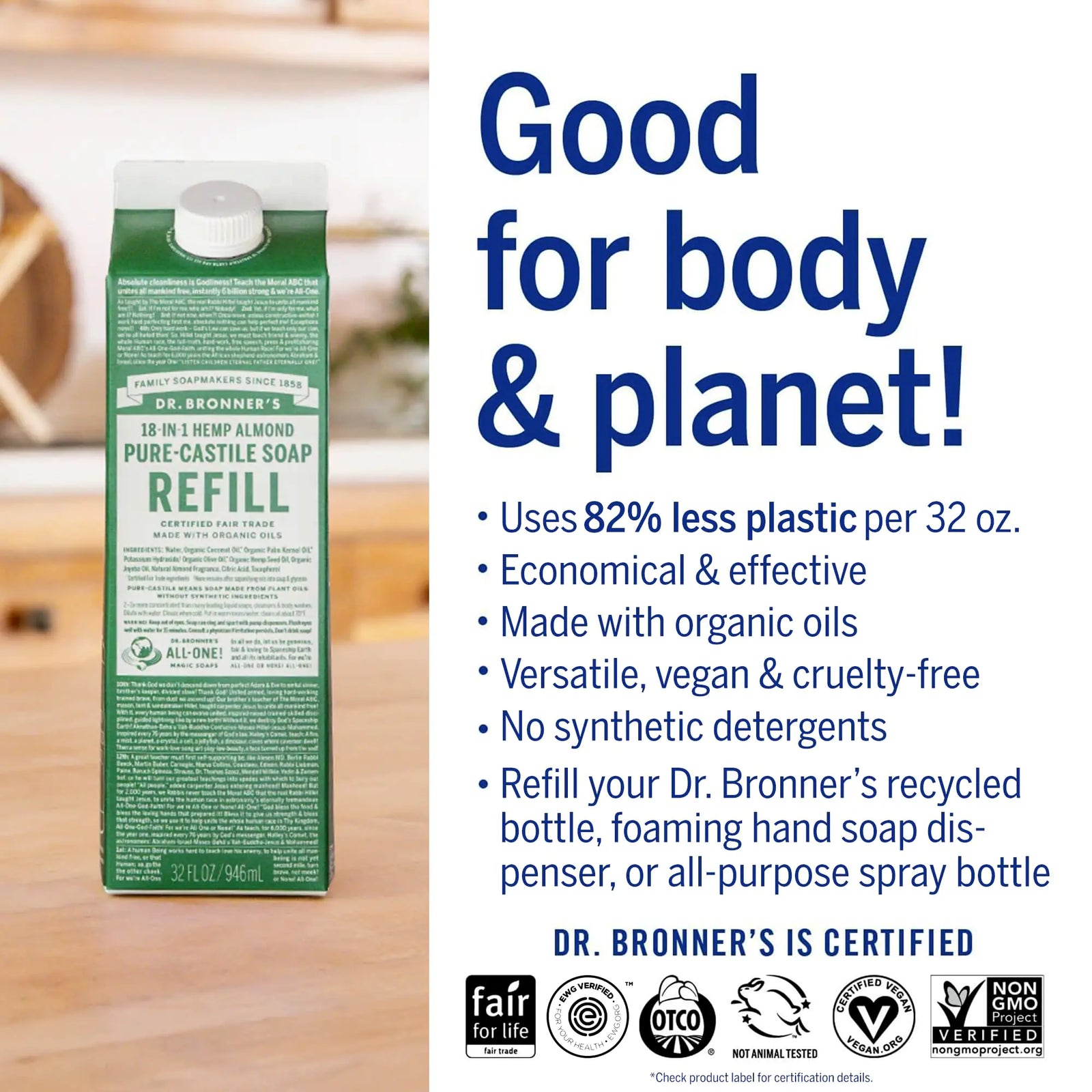 Dr. Bronner's - Pure-Castile Liquid Soap Bottle & Refill Carton Made with 82% Less Plastic (Almond, 32 oz) - Face, Body, Hair, Laundry, Dishes & More, Super-Concentrated, Organic, Vegan, Non-GMO Almond