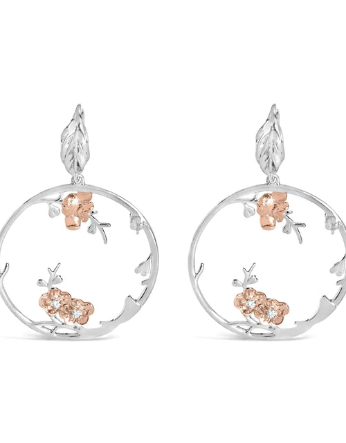 Load image into Gallery viewer, Rose Gold Plated .925 Sterling Silver 1/10 Cttw Diamond Floral Hoop Earrings (I-J Color, SI1-SI2 Clarity)
