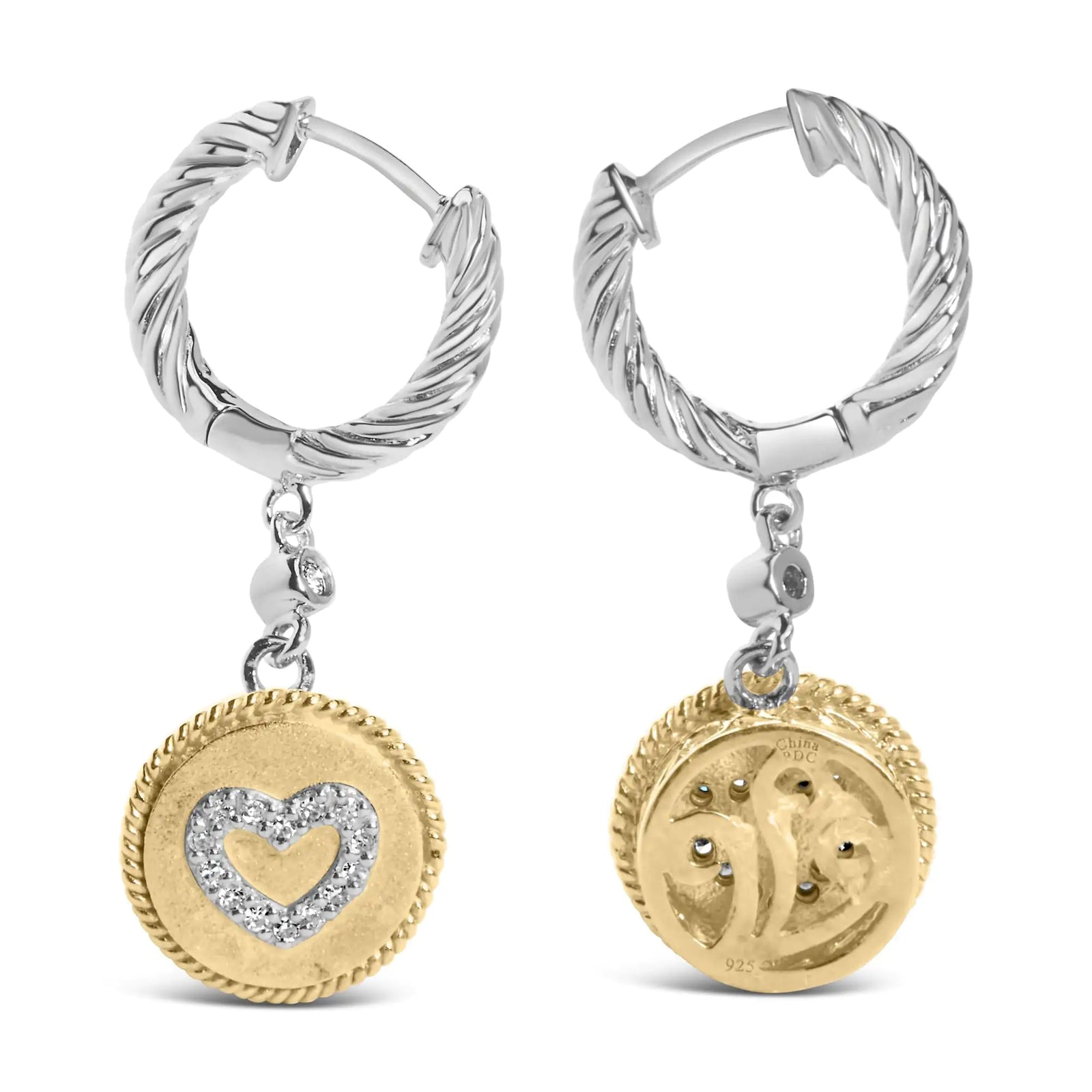 18K Yellow Gold Plated .925 Sterling Silver 1/8 Cttw Diamond Heart Medallion Drop and Dangle Earring (I-J Color, SI1-SI2 Clarity)