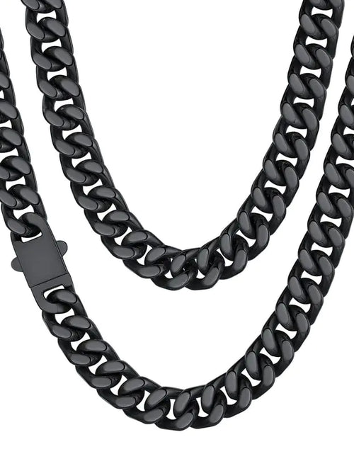 Load image into Gallery viewer, ChainsHouse Stainless Steel Mens Cuban Link Chain, Black/18K Gold Miami Cuban Chain Necklace, 5/7/9mm/12mm Width, No Tarnish&amp; Durable Hip Hop Mens Jewelry, 18&quot;-30&quot;, Send Gift Box 20 inches d. 12mm width-black
