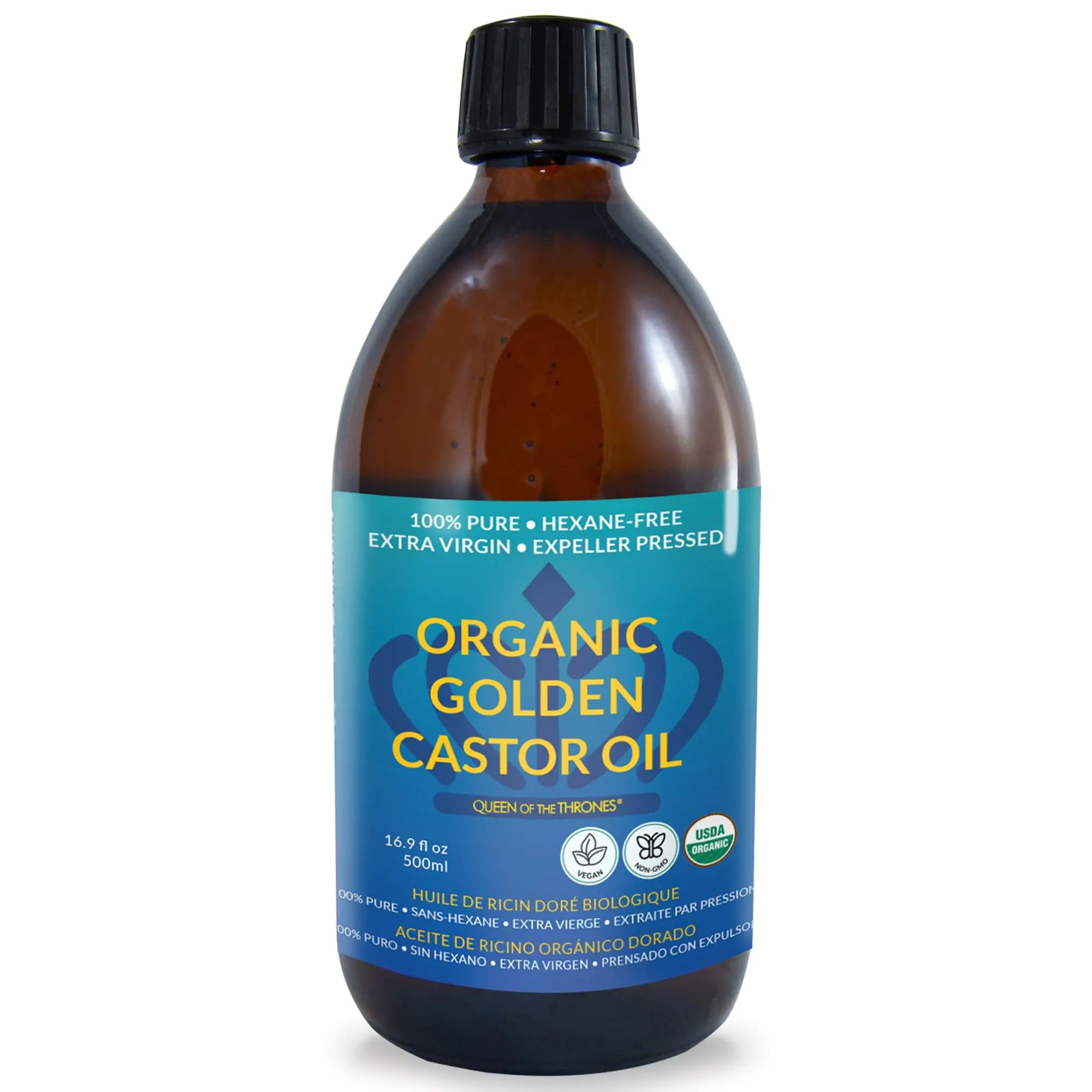 QUEEN OF THE THRONES Organic Golden Castor Oil - 500mL (16.9oz) | 100% Pure & Expeller-Pressed for Hair, Skin & Digestion | Hexane Free | USDA Certified 16.9 Fl Oz (Pack of 1)